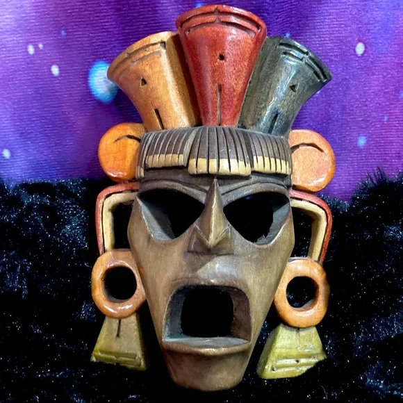 Hand Carved Mayan Wood Mask Aztec Incan Tribal Primitive Wall Decor - Picture 10 of 12